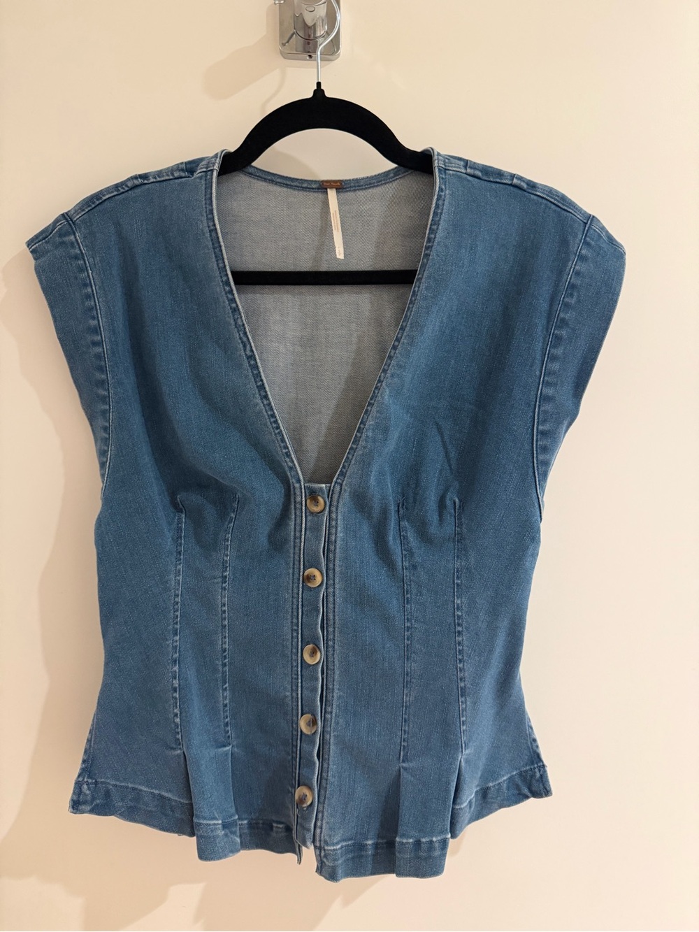 Free People Denim Button-Front V-Neck Top - Blue